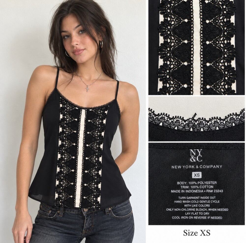 Y2K 2000s Boho NY&C Women's Crochet Lace Trim Cami Size XS Black Ivory Coquette